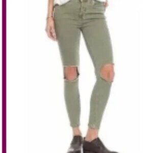 Free People Moss Green Busted Knee Distressed Jeans Sz 29
